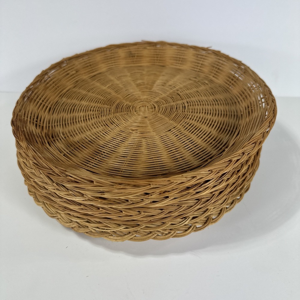 Vintage Wicker Paper Plate Holders Set of 7 Boho Rattan Round Basket 9" - Picture 2 of 6